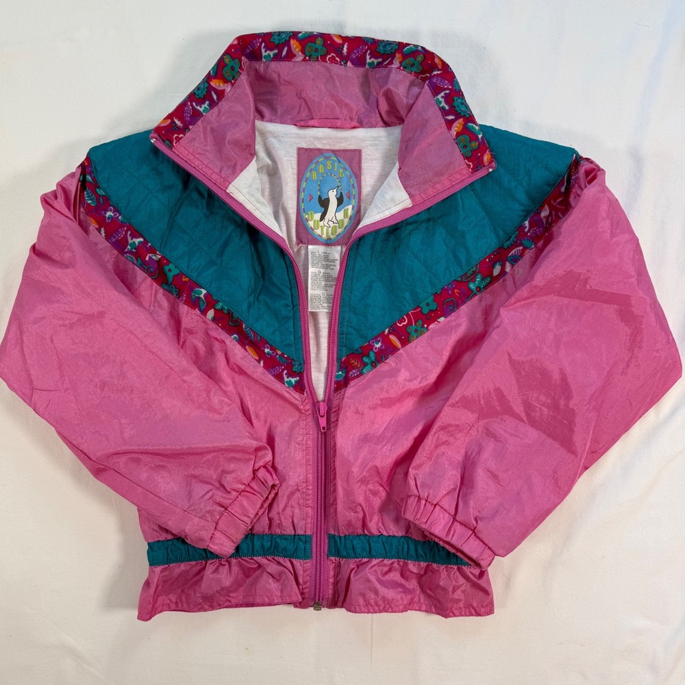 Vintage Basic Outlook Girls Pink Teal Colorblock Nylon Windbreaker Jacket Size 6